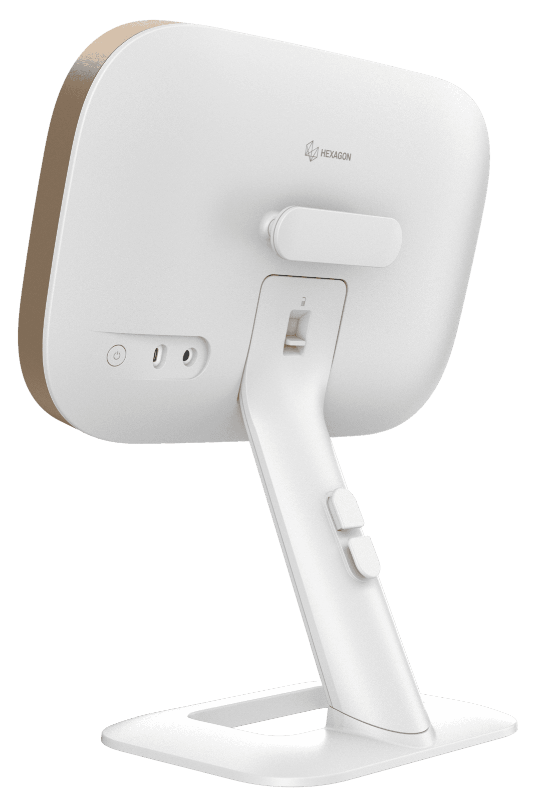 Aura 3D 魔鏡機身背面,電源鍵與 USB-C 連接埠及可調立架